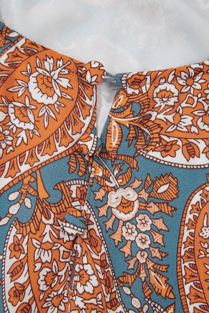 Orange Paisley Print Loose Fit Drawstring High Waist Mini Dress