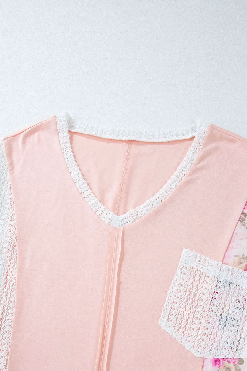 Lace-Embellished Semi-Sheer Floral V-Neck Blouse with Three-Quarter Sleeves