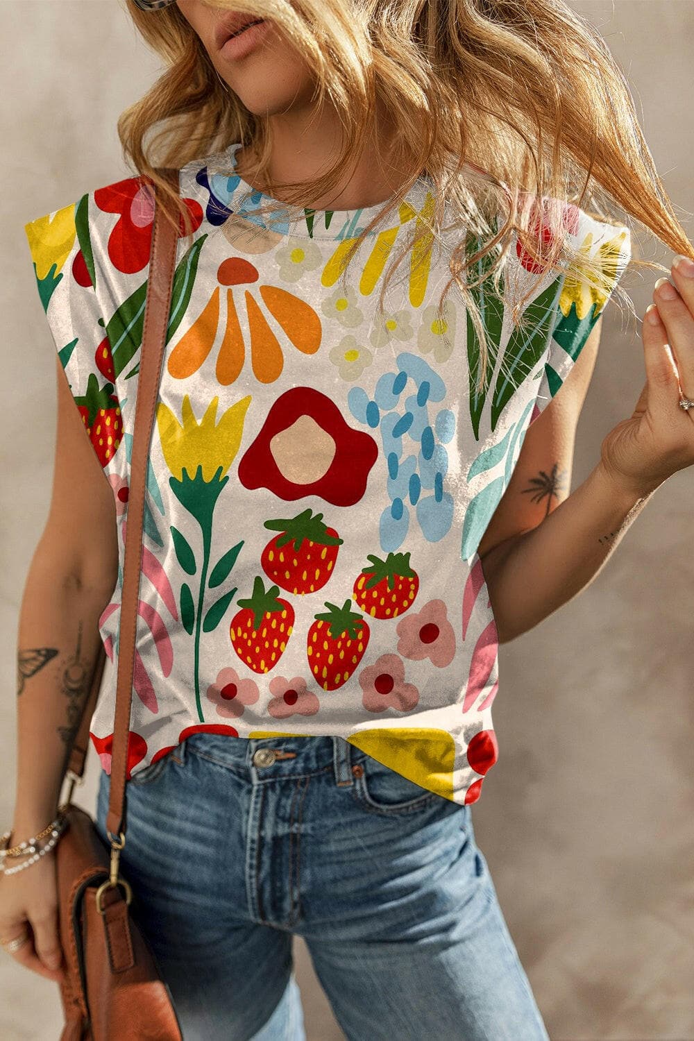 Printed Round Neck Cap Sleeve T-Shirt.