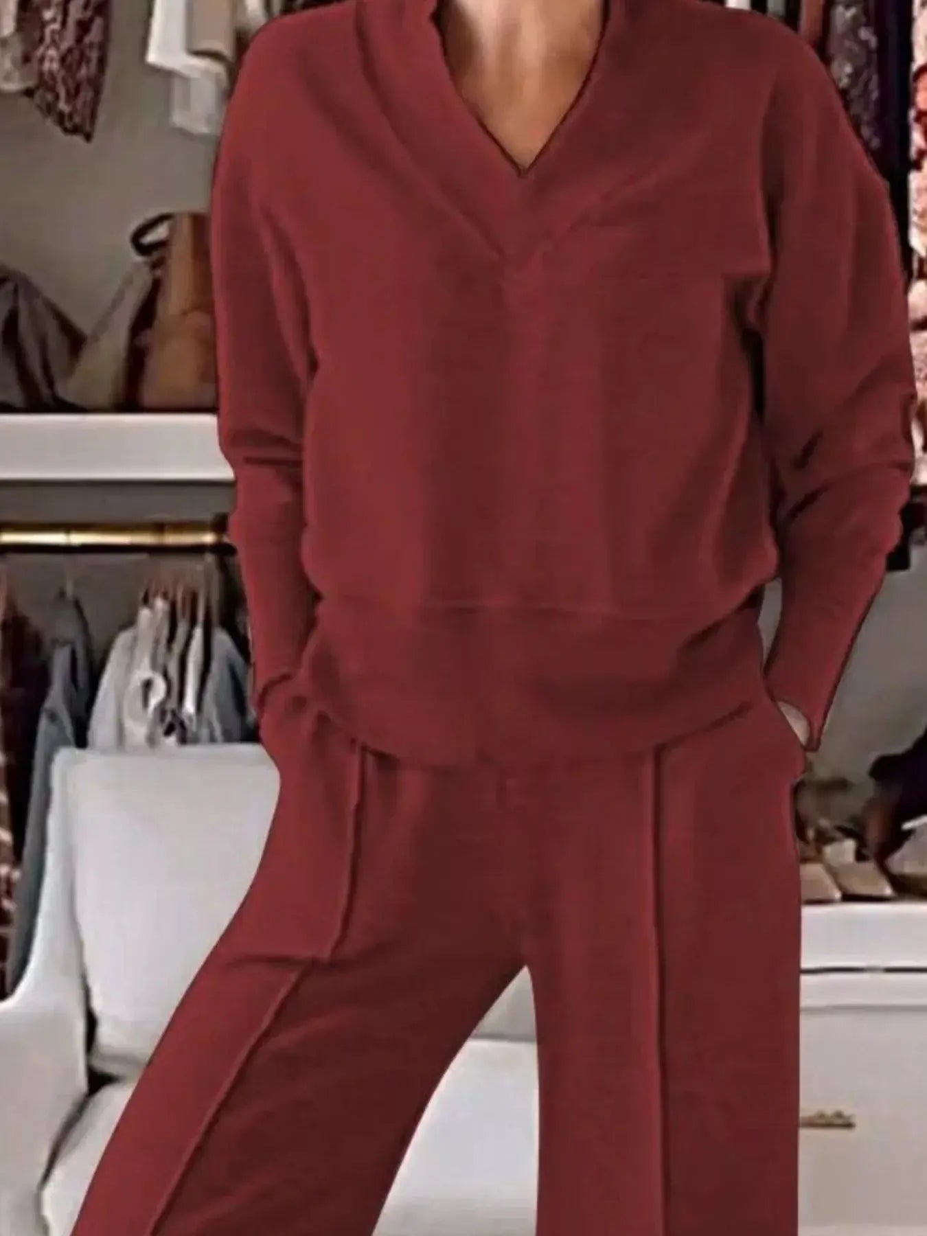 Full Size Cozy V-Neck Top and Pants Set Plus Size Simply Love