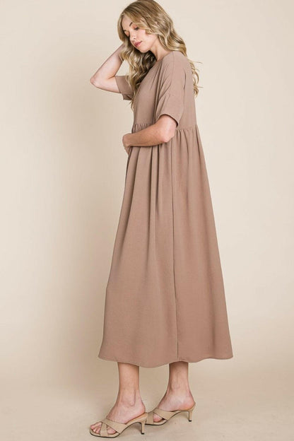 BOMBOM Round Neck Ruched Midi Dress.