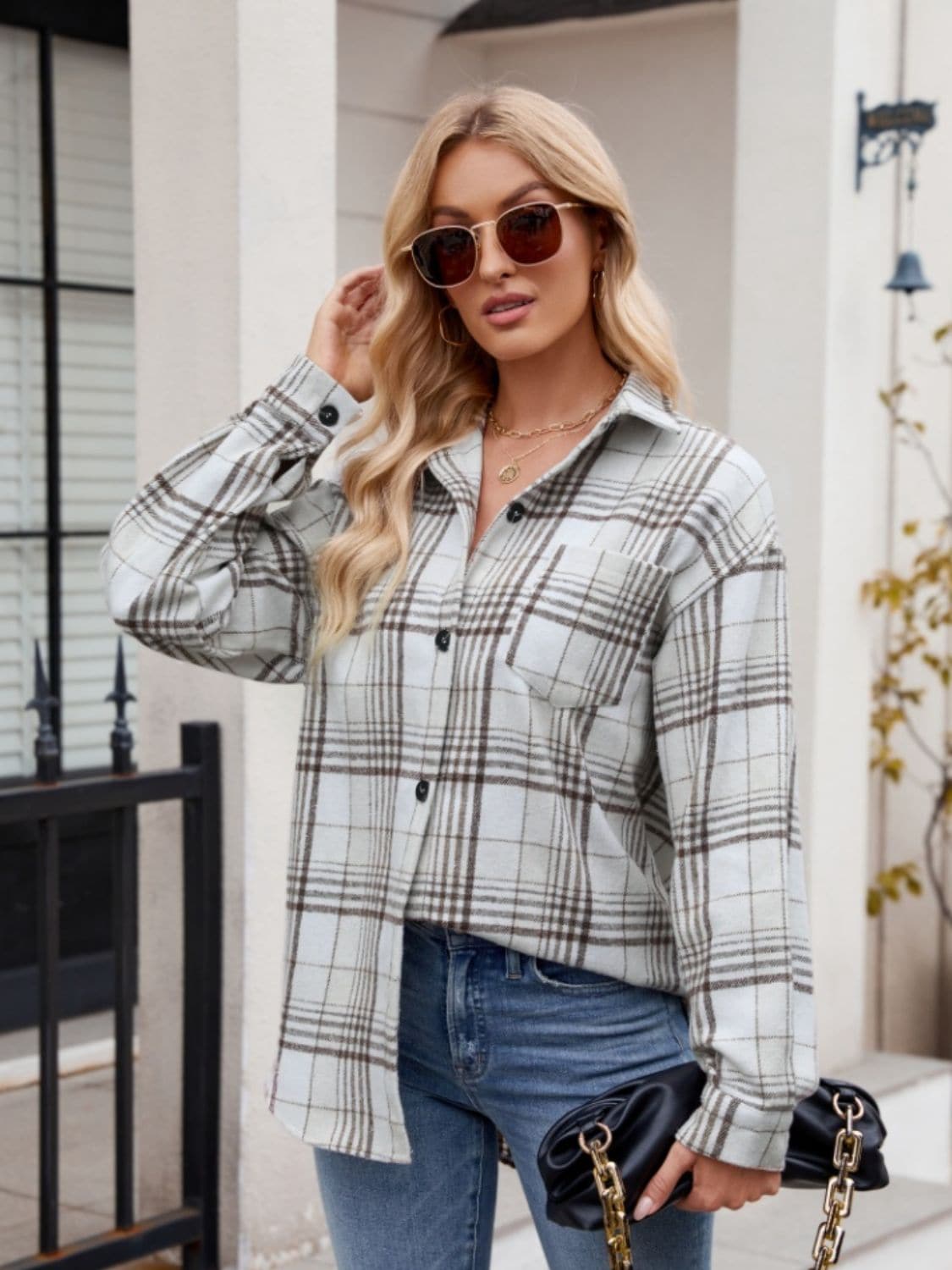 Pocketed Plaid Collared Neck Long Sleeve Shirt.