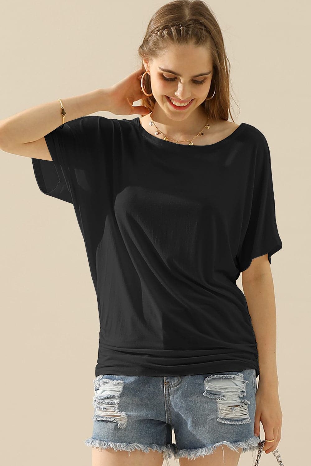 Ninexis Boat Neck Short Sleeve Ruched Side Top.