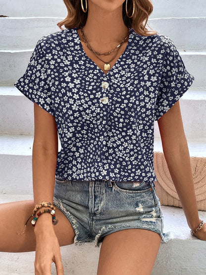 Printed V-Neck Short Sleeve Blouse.