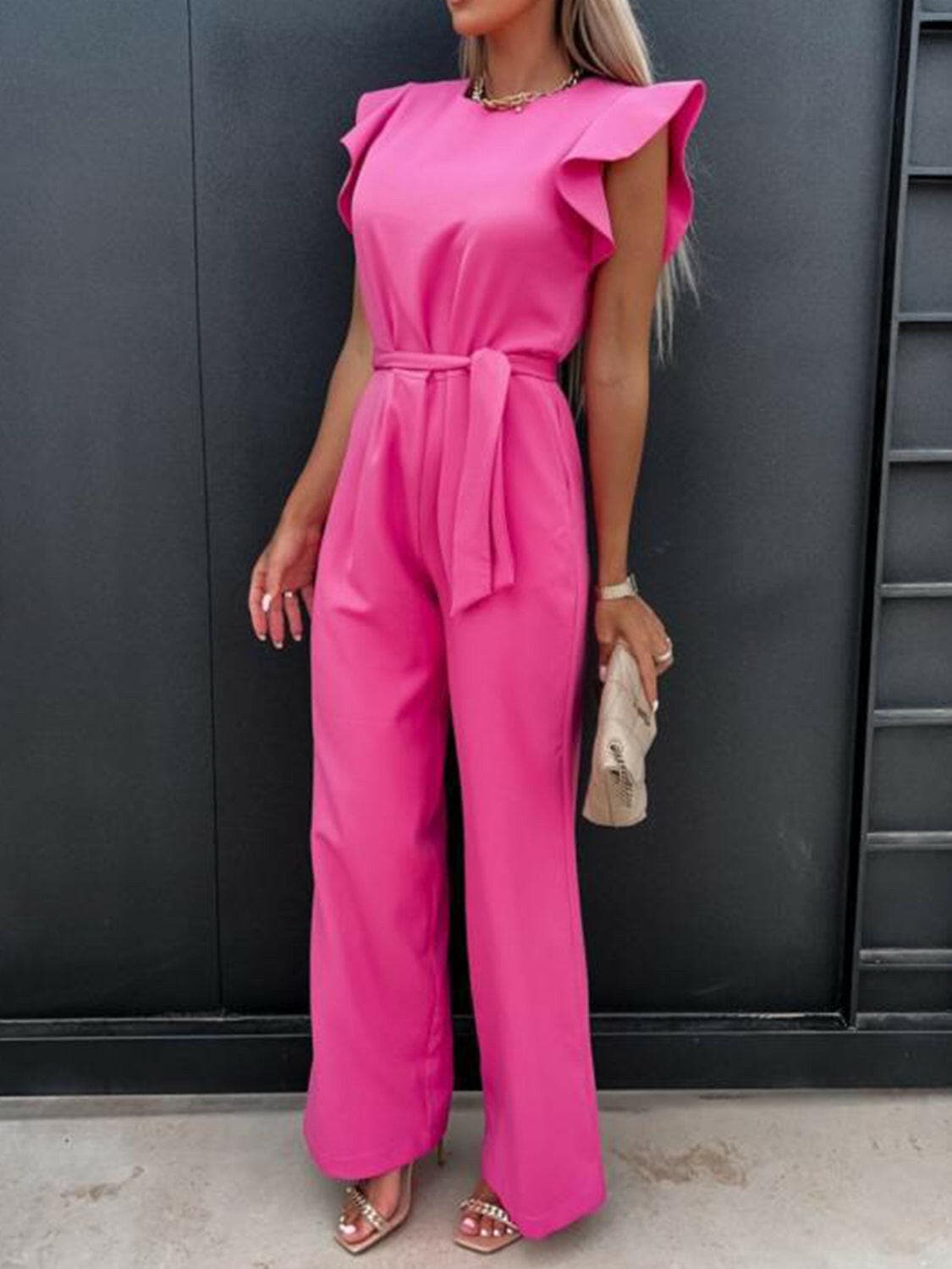 Ruffled Round Neck Cap Sleeve Jumpsuit.