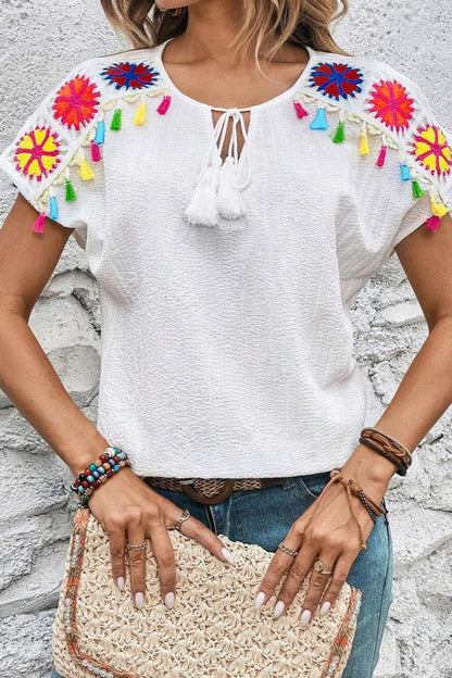 Tassel Tie Neck Short Sleeve Blouse.