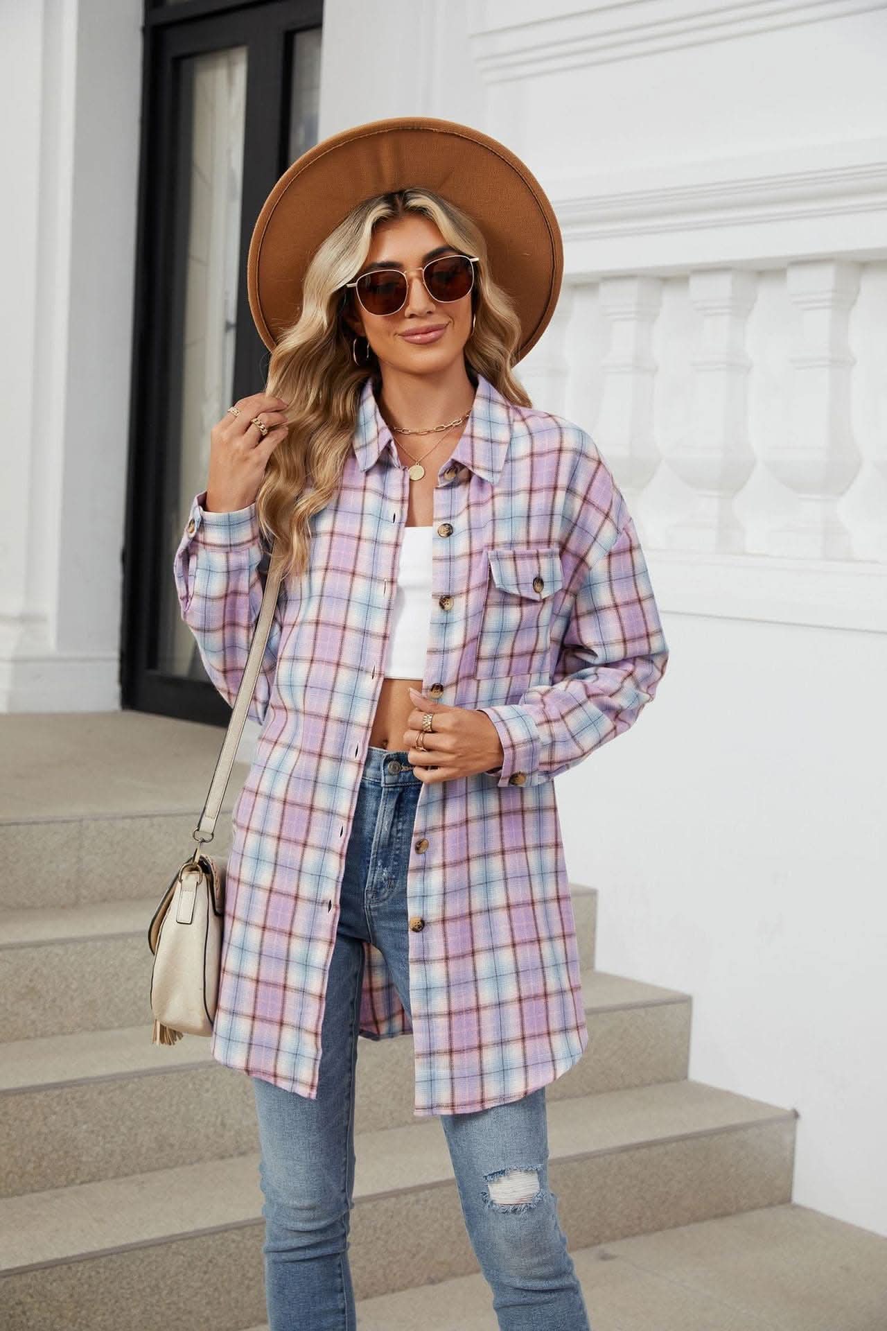 Plaid collared long sleeve shirt - Love Salve 