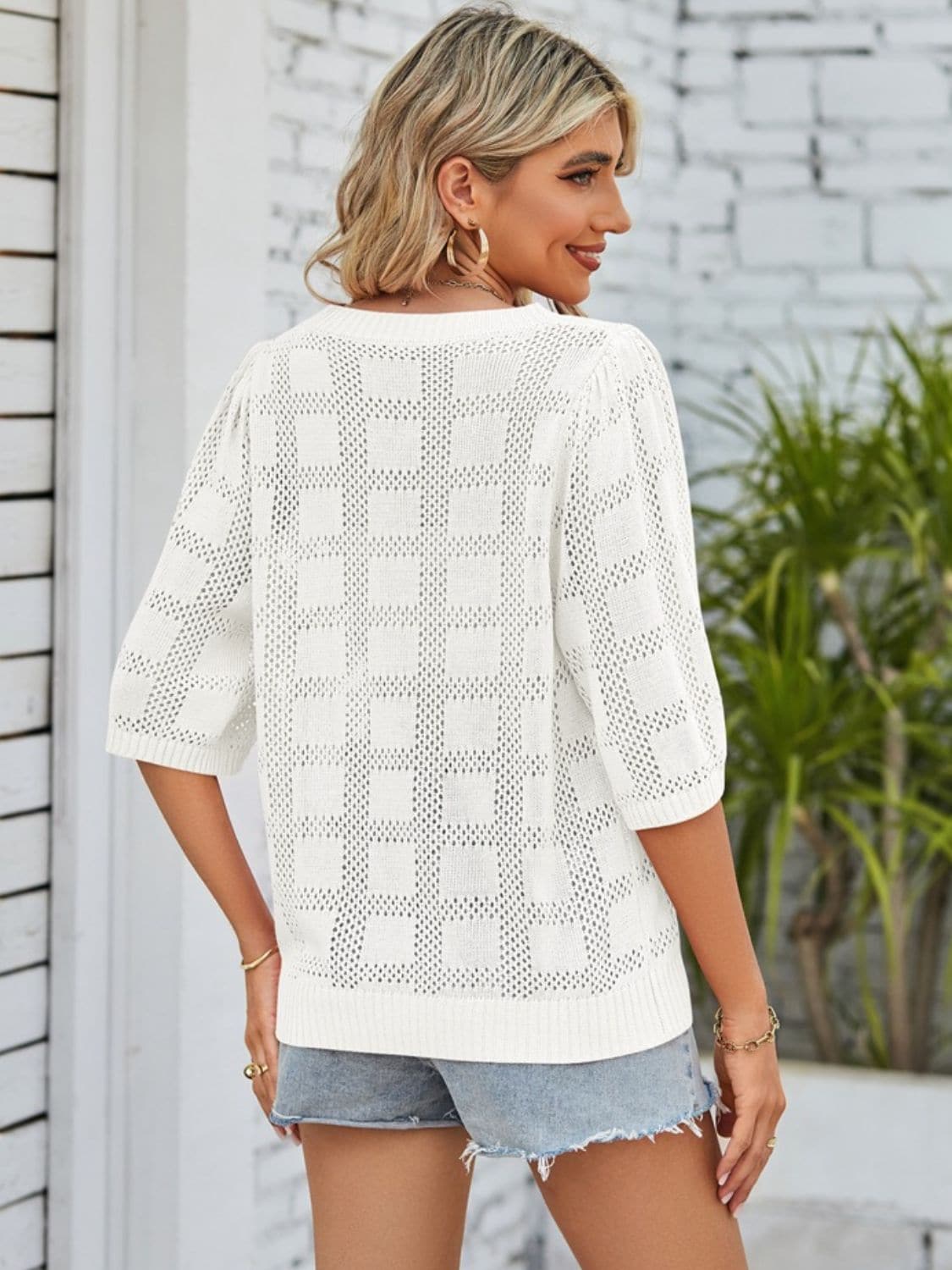 Openwork Round Neck Knit Top.