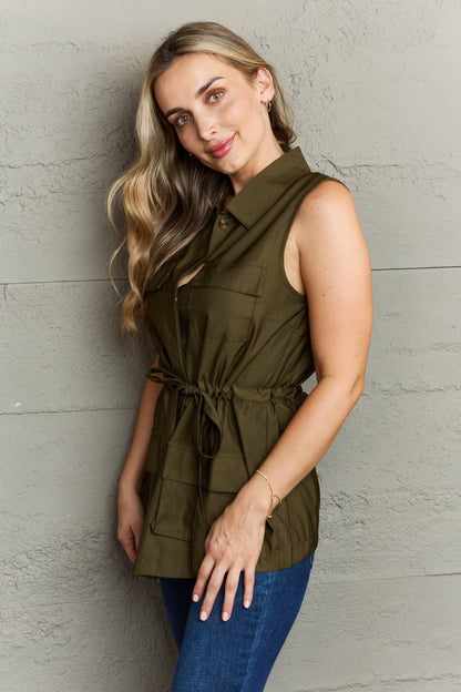 Ninexis Follow The Light Sleeveless Collared Button Down Top.