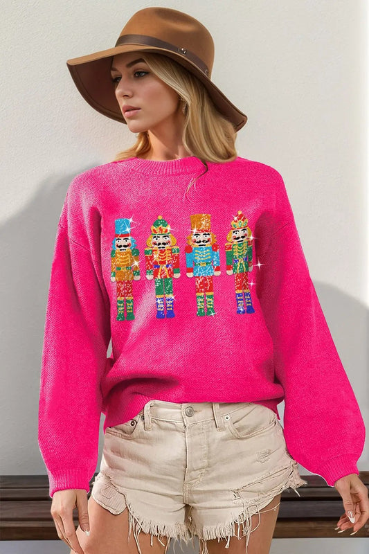 Double Take Full Size Sequin Nutcracker Long Sleeve Sweater - Love Salve