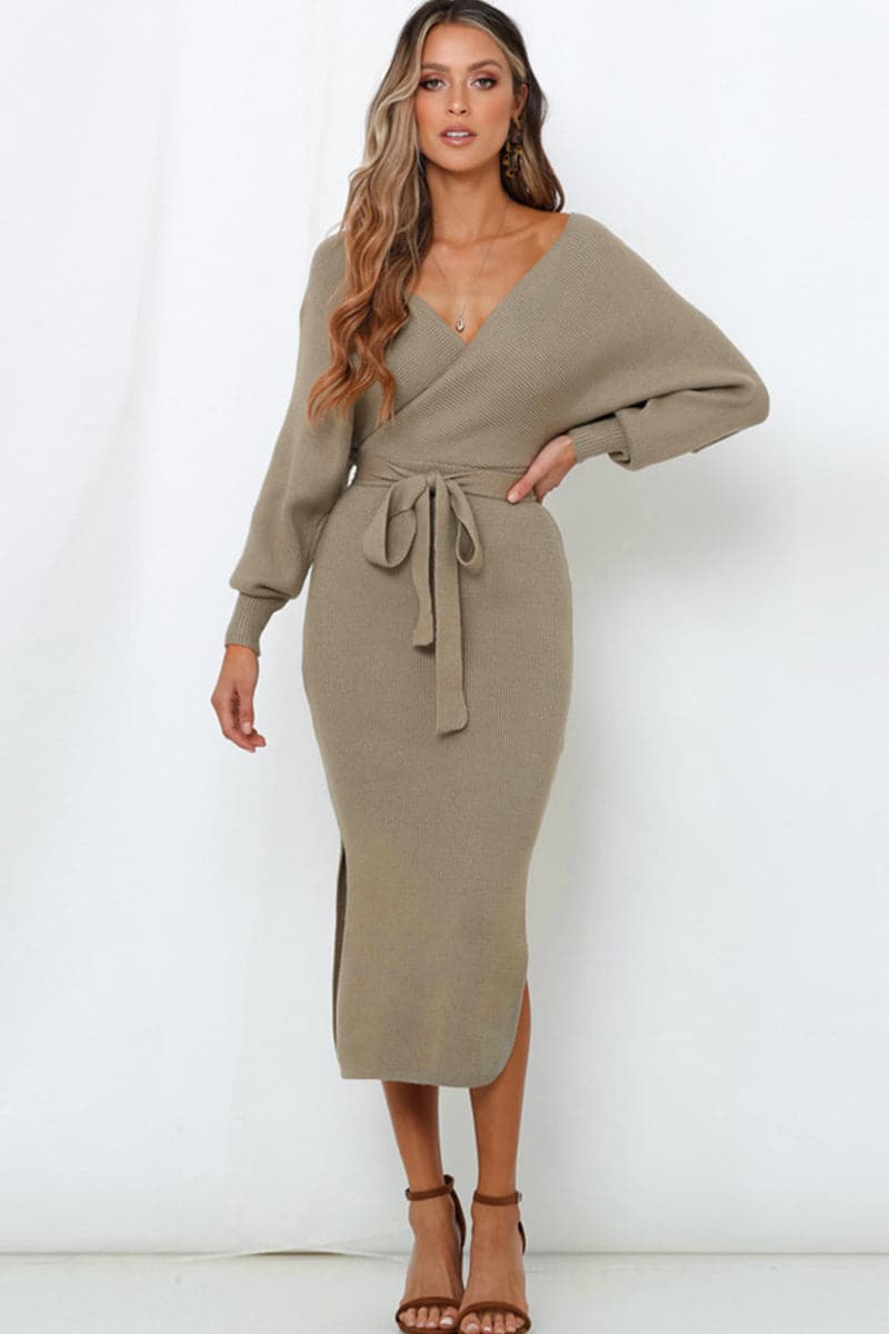 Surplice Neck Bow Waist Slit Sweater Dress.