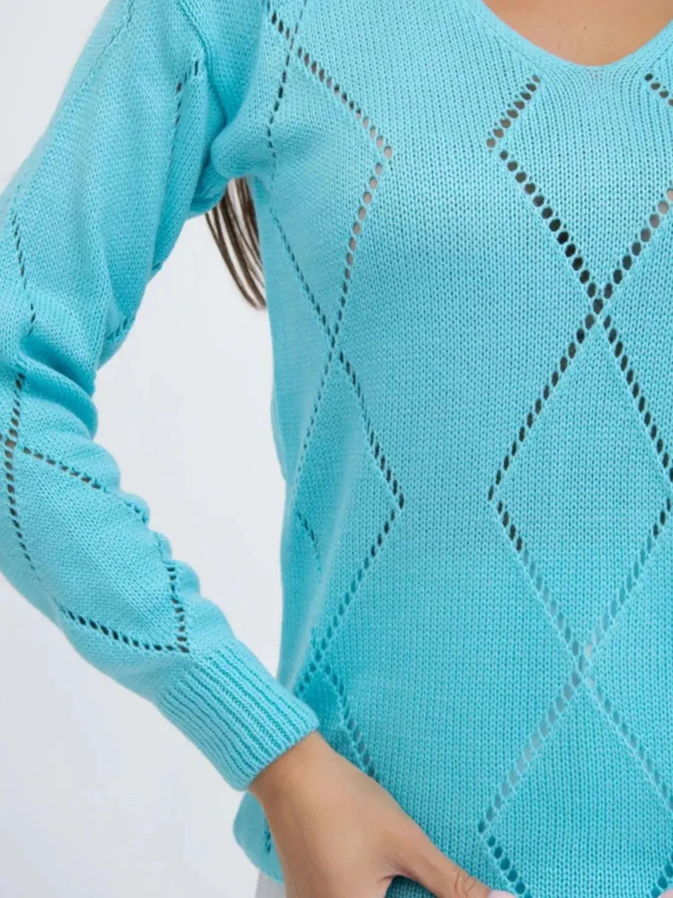 White Openwork V Neck Sweater For Women With Diamond Knit Pattern Simply Love