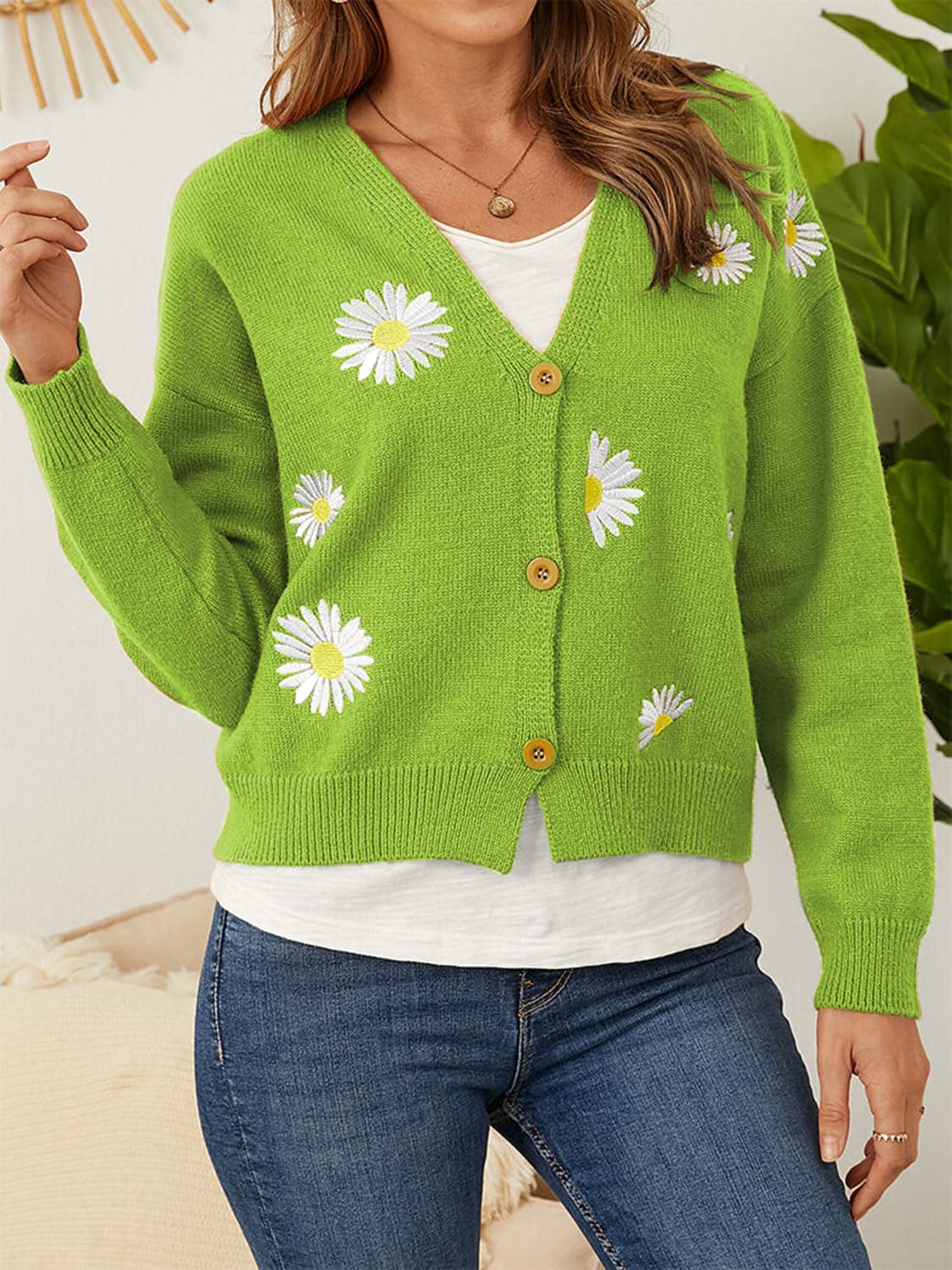 Flower Button Front Dropped Shoulder Cardigan.