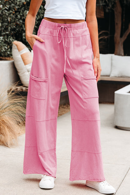 Bonbon Mineral Wash Exposed Seam Drawstring High Waist Cargo Pants