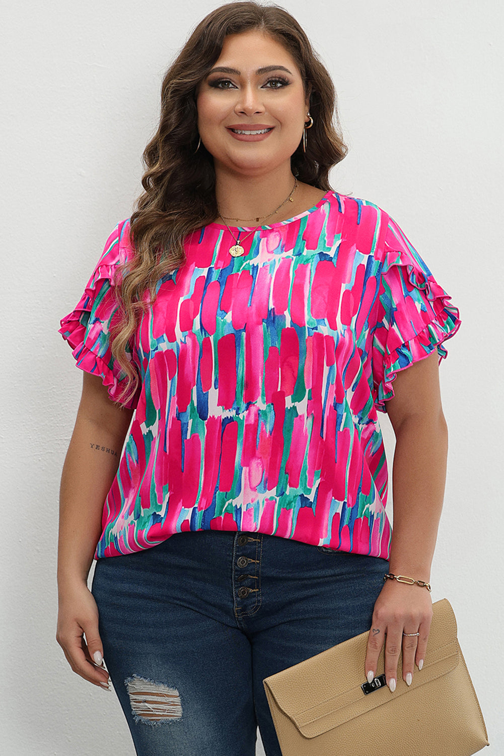 Floral plus size ruffled sleeve blouse with abstract design