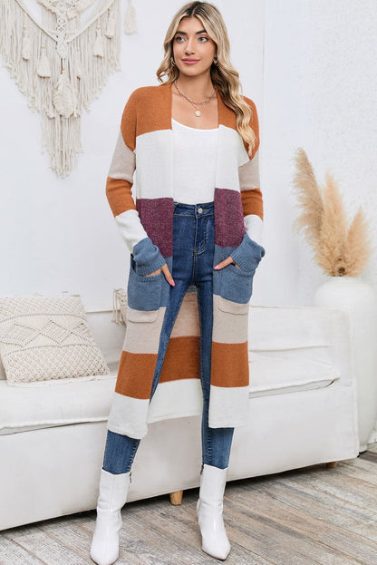 Long Color Block Open Front Pocketed Cardigan.