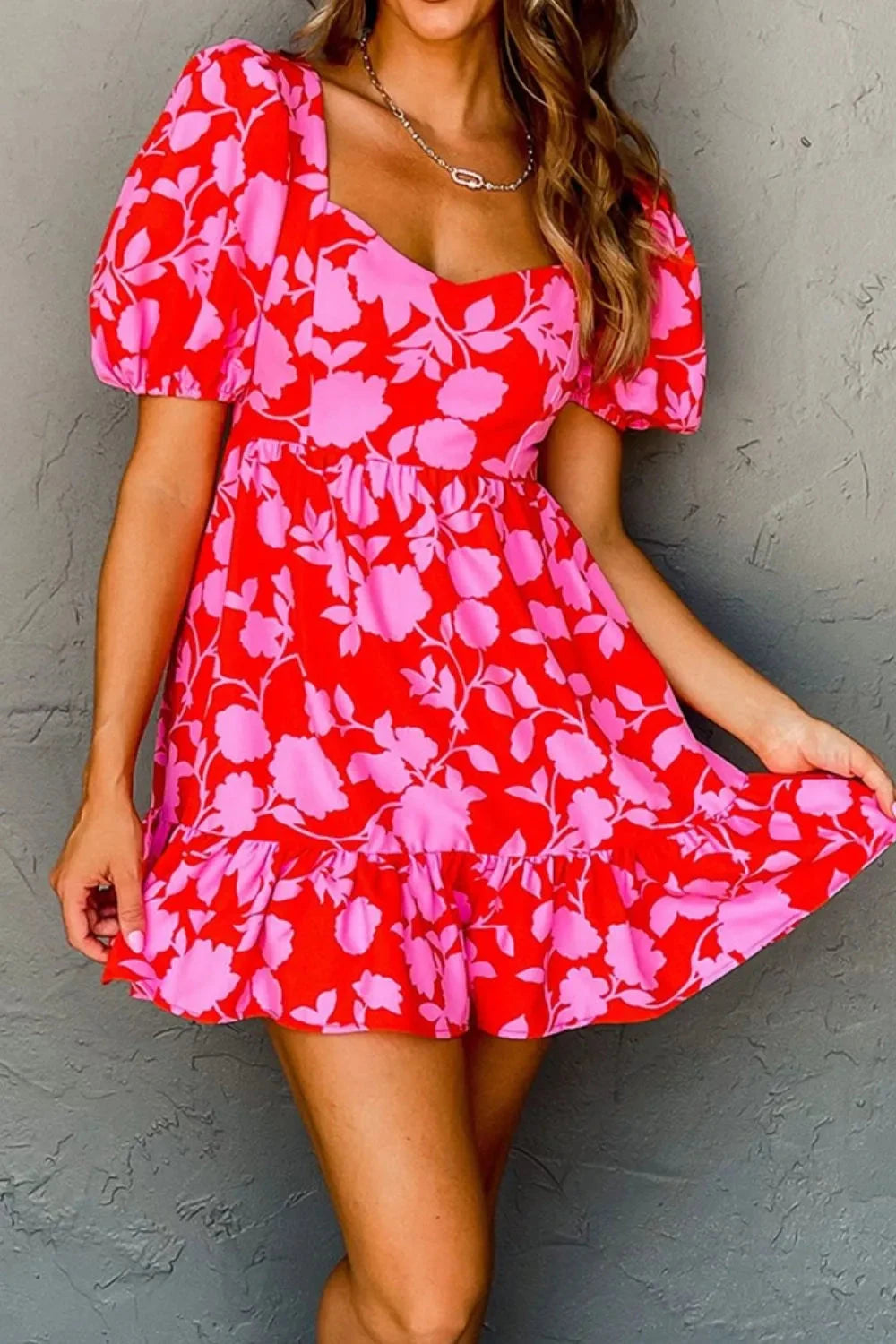 Floral Puff Sleeve Sweetheart Neck Ruffled Mini Dress Simply Love