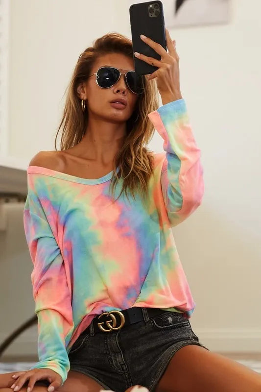 BiBi Tie Dye French Terry Long Sleeve Knit Top - Love Salve 