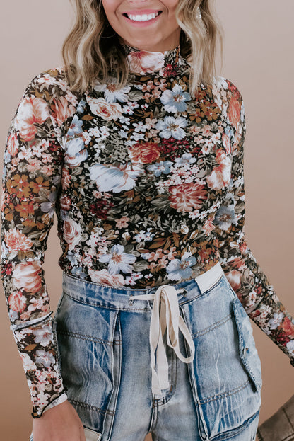 Elegant brown floral mesh blouse with high neck and long sleeves