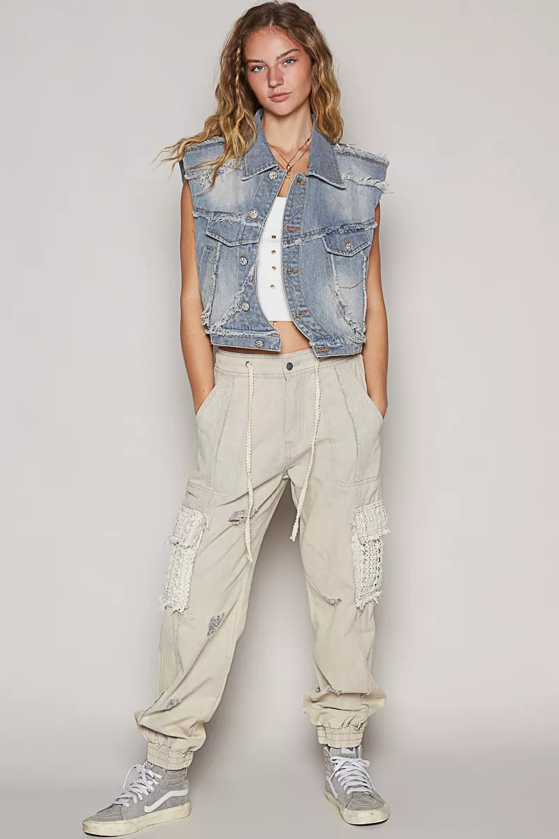 POL Assymetrical Front Closure Raw Hem Denim Vest Simply Love