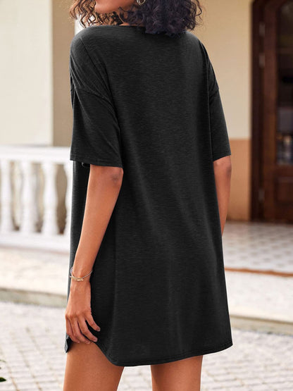 Pocketed V-Neck Short Sleeve Tee Dress.