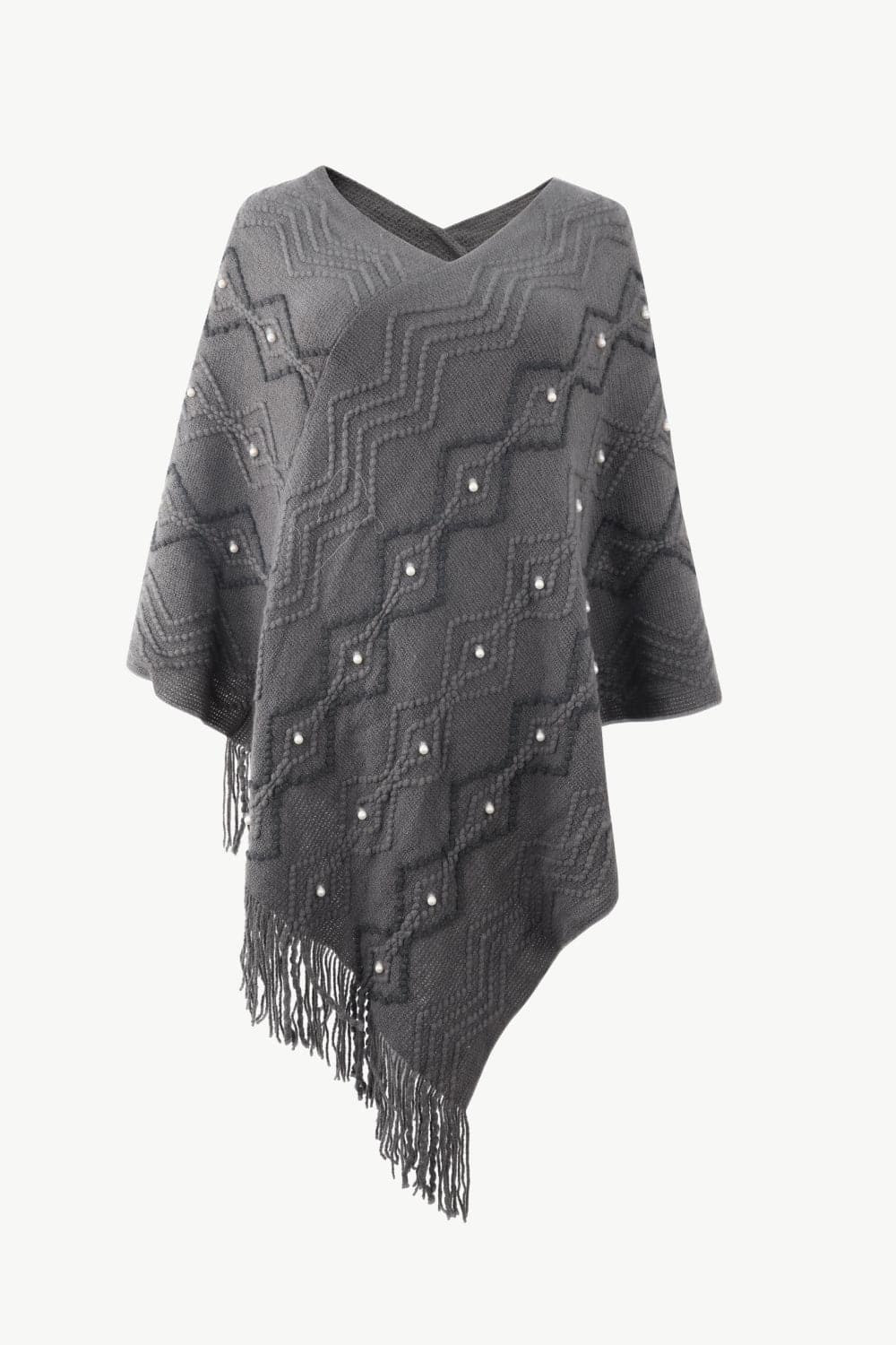 Pearl Trim V-Neck Fringe Hem Poncho.