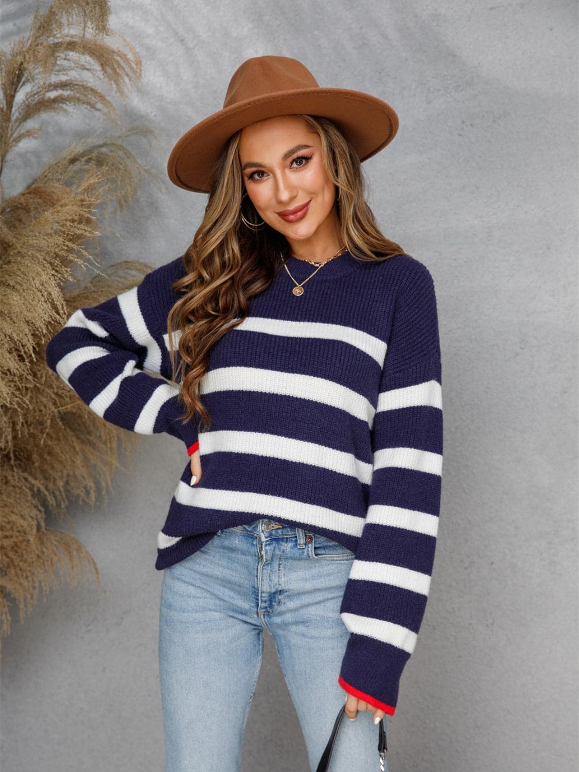 Striped Round Neck Dropped Shoulder Sweater.