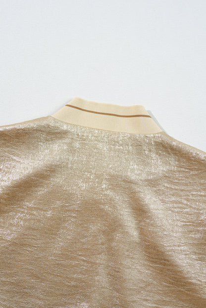 Shimmering pale khaki metallic baseball jacket with zip closure