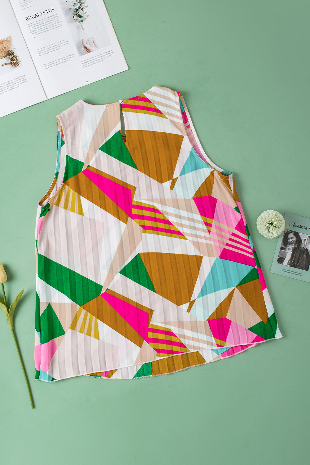 Vibrant geometric print pleated tank top for effortless style