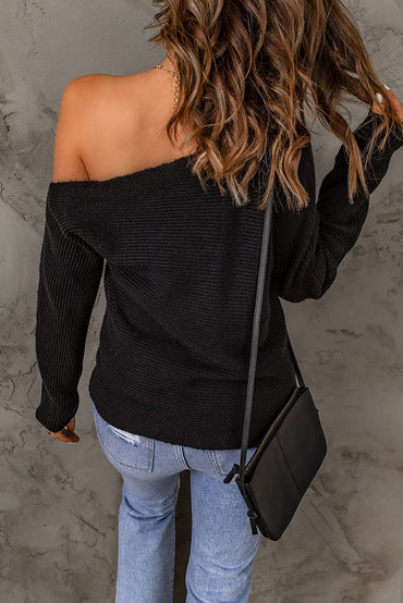 Double Take Horizontal Ribbing One-Shoulder Sweater.