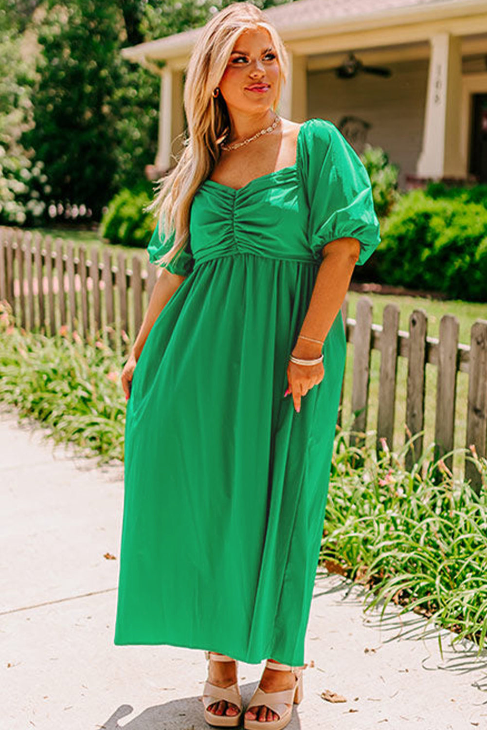 Plus Size Bright Green Ruched Front Puff Sleeve Long Dress Dear-Lover Dropshipping