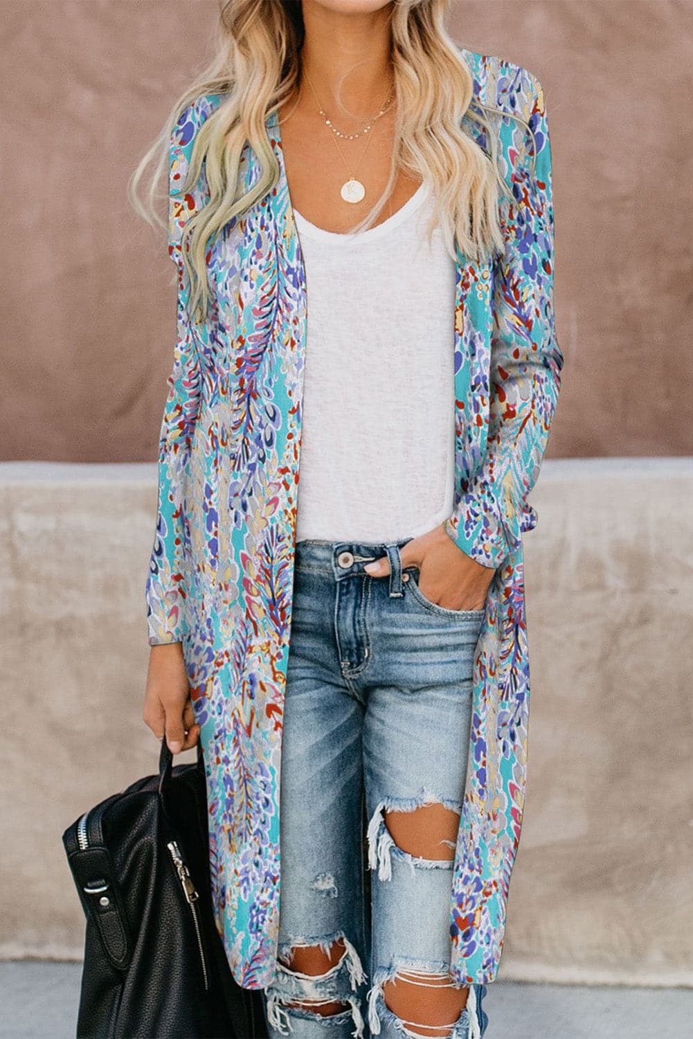 Double Take Printed Open Front Longline Cardigan.