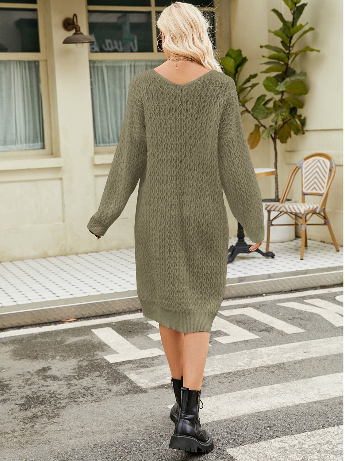 V-Neck Long Sleeve Sweater Dress.