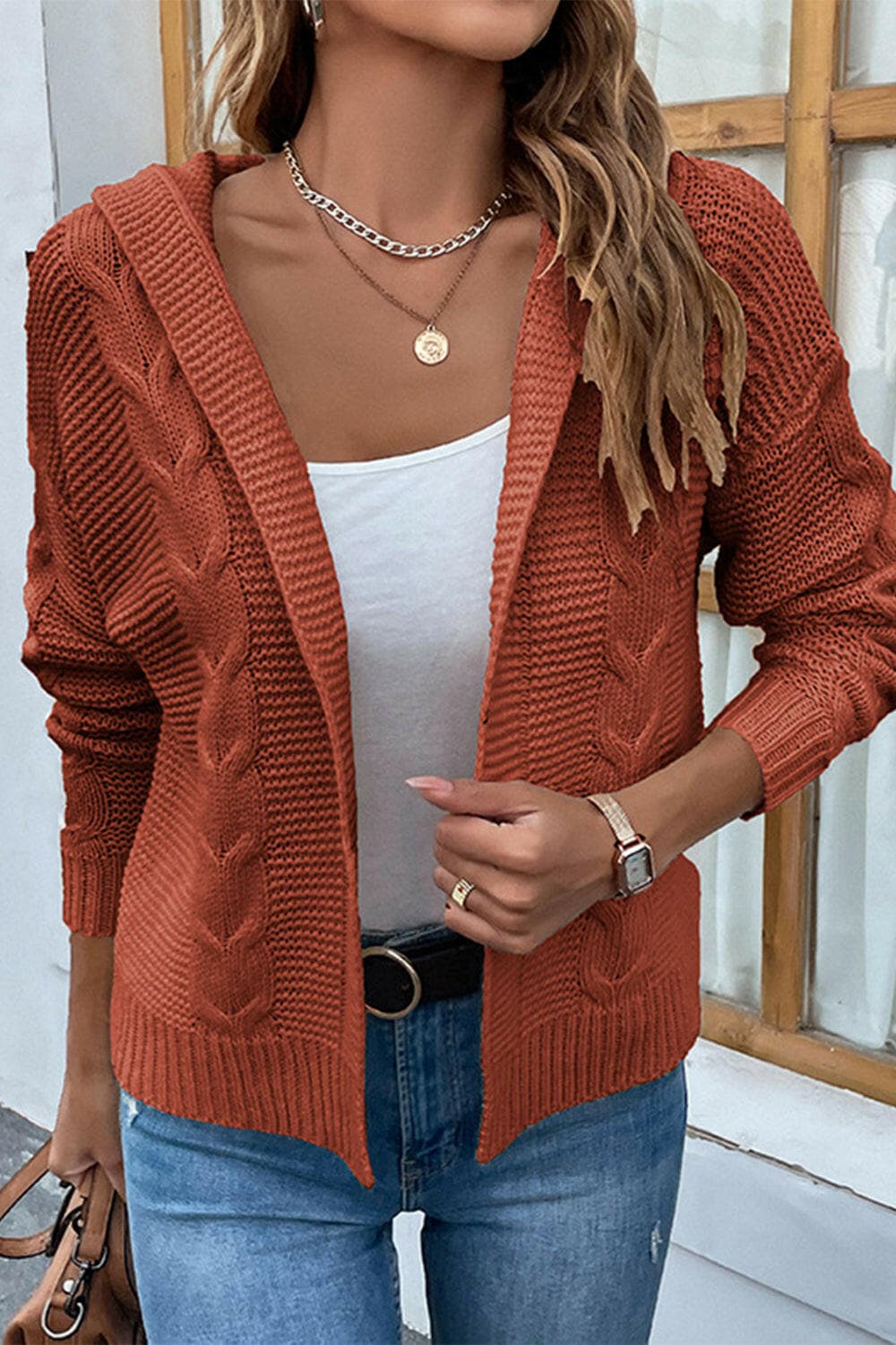 Cable-Knit Dropped Shoulder Hooded Cardigan.