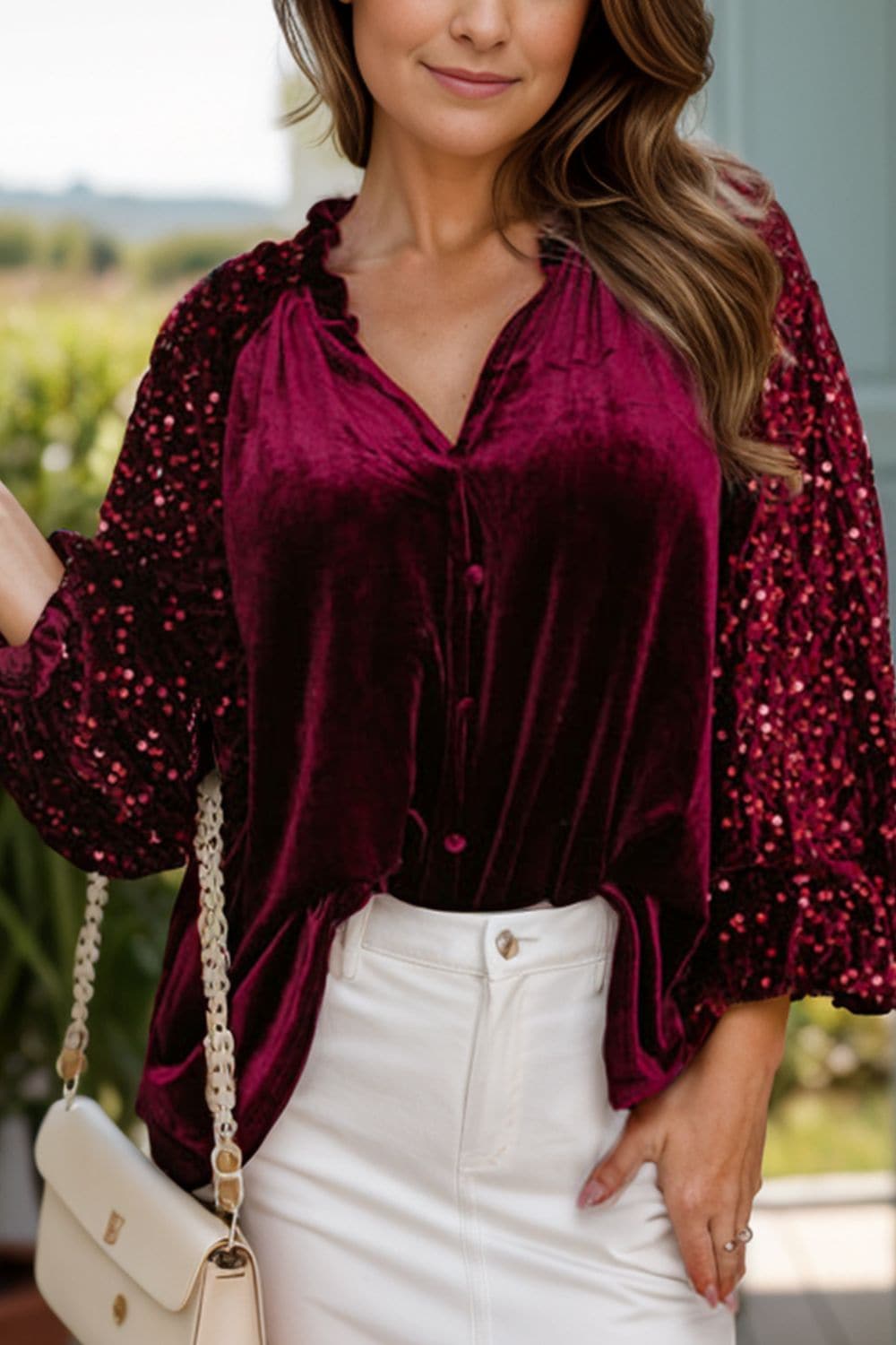 Shimmering Notched Long Sleeve Top