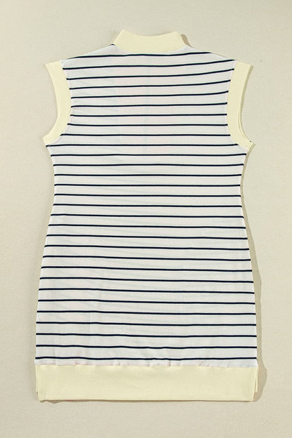 Slit Striped Collared Neck Cap Sleeve Mini Dress.