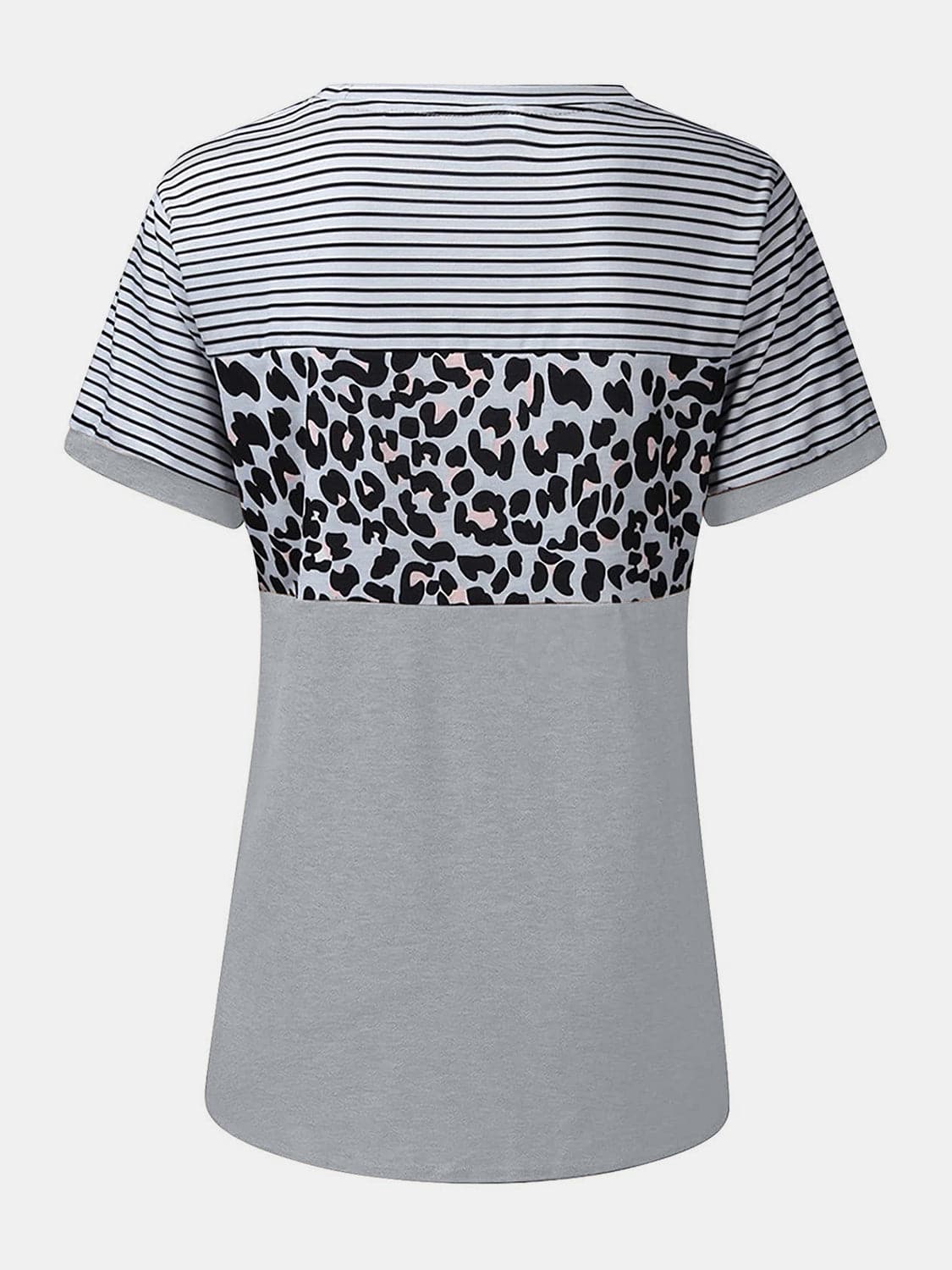 Full Size Striped Leopard Round Neck Short Sleeve T-Shirt.