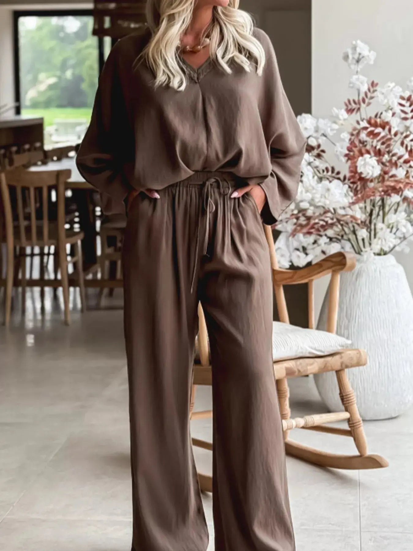 Braided V Neck Long Sleeve Loose Top and Drawstring High Waist Pants 2pcs Outfit Simply Love