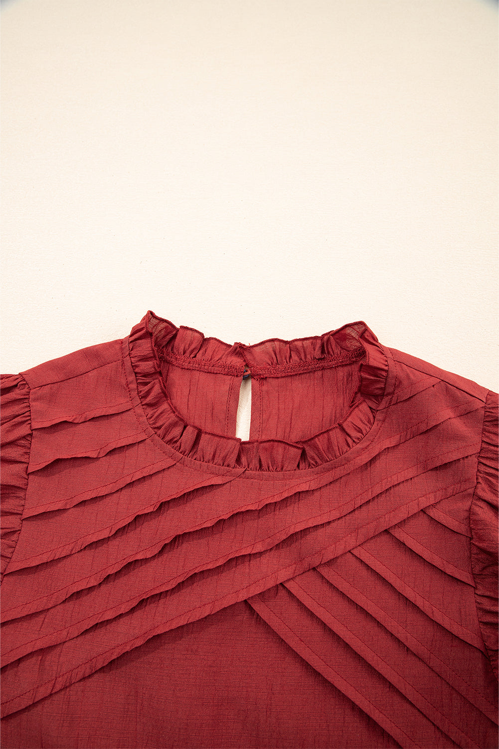 Red Dahlia Solid Color Pleated Detail Ruffle Blouse