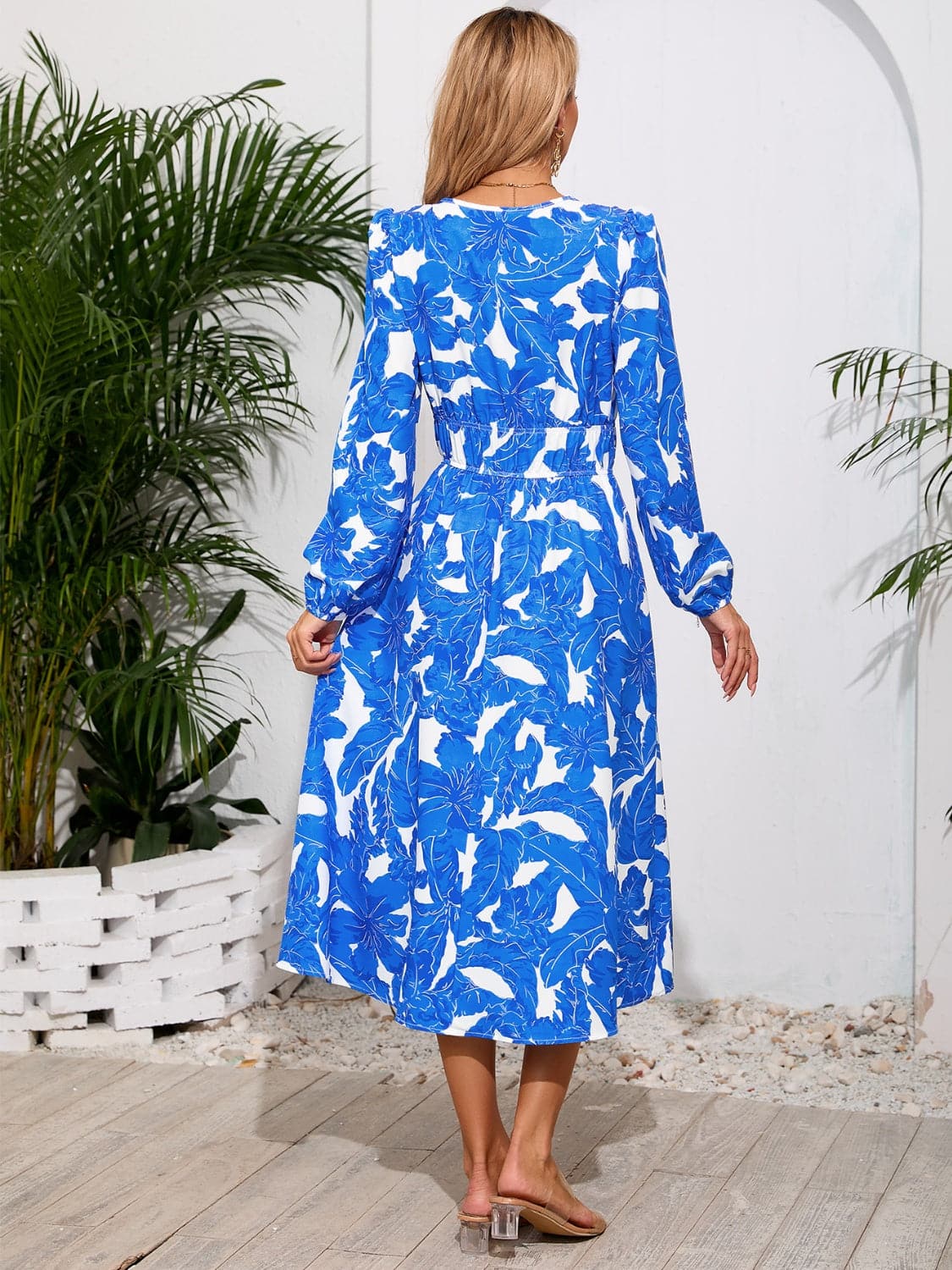 Printed Surplice Long Sleeve Midi Dress.