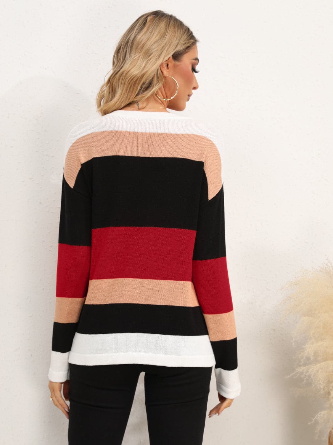 Striped Round Neck Dropped Shoulder Sweater.