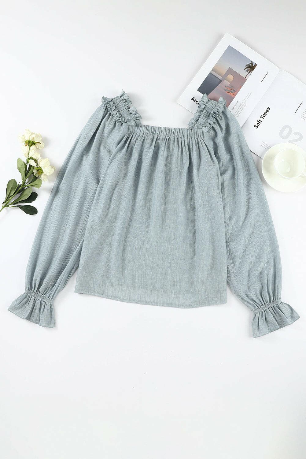 Frill Trim Flounce Sleeve Blouse.