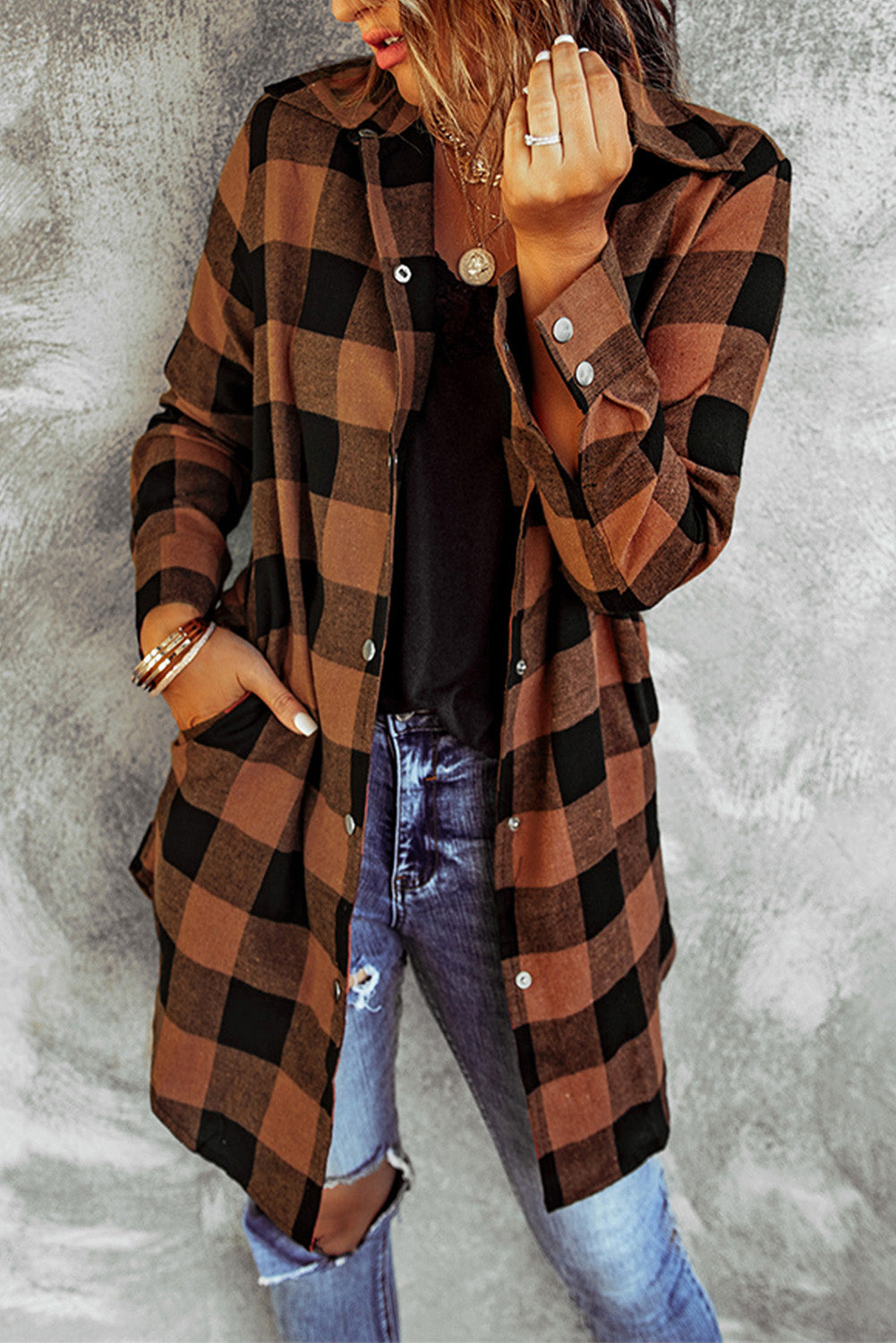 Chic brown plaid shirt coat with turn-down collar