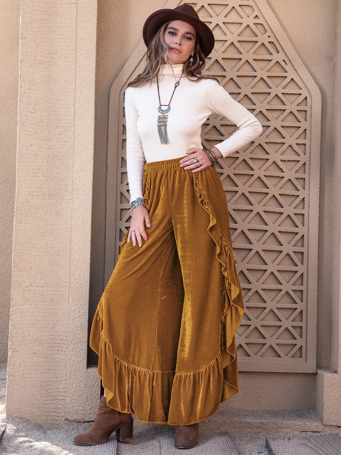 Slit Ruffled Wide Leg Pants.