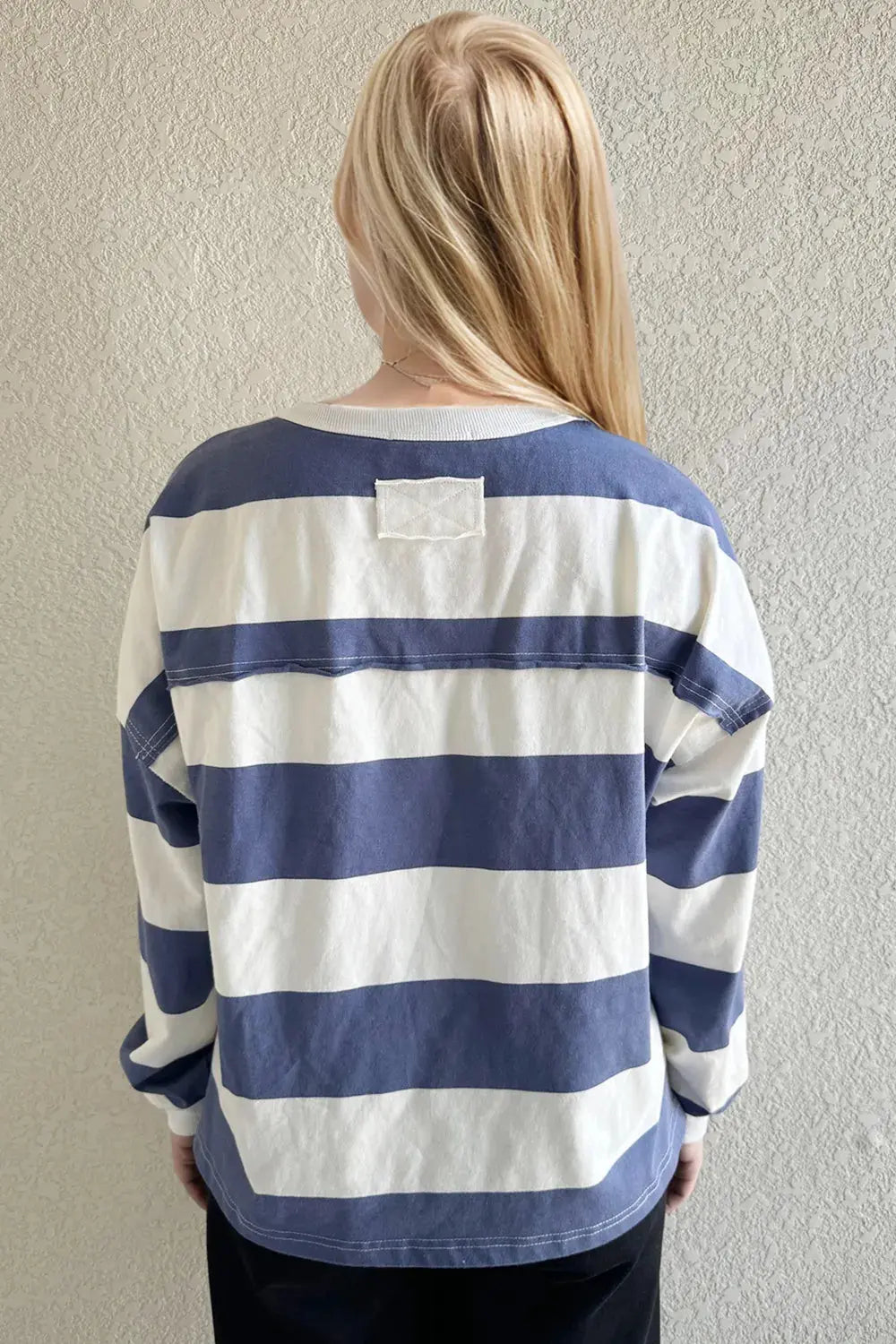 Oh Pima Cotton Wash Exposed Seam Contrast Striped Round Neck Long Sleeve T-Shirt - Love Salve