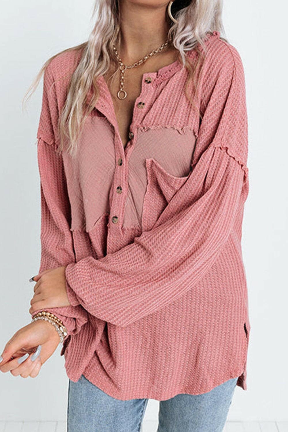 Half Button Raw Hem Long Sleeve Blouse.