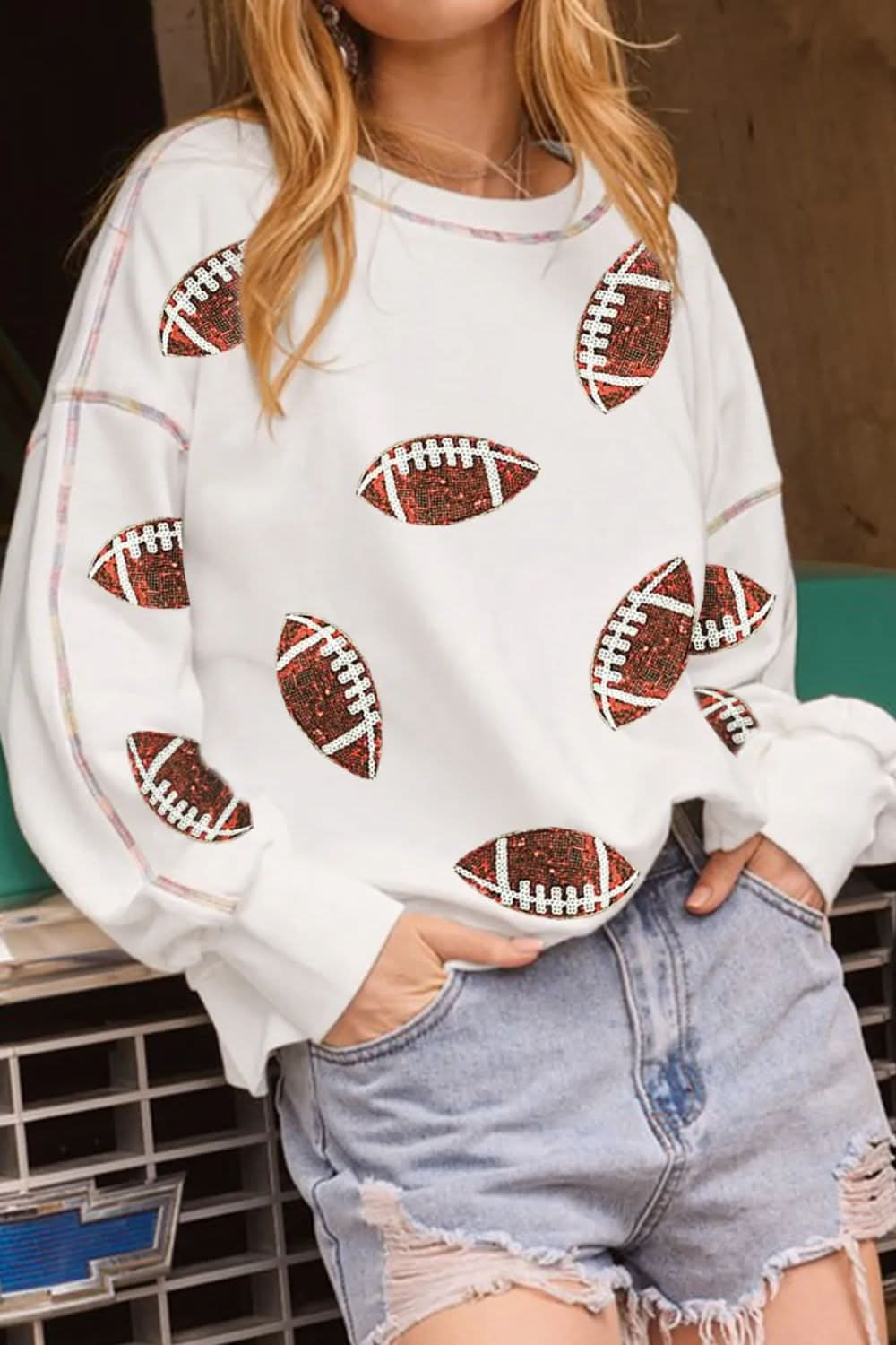 Sequin-embellished football sweatshirt with long sleeves