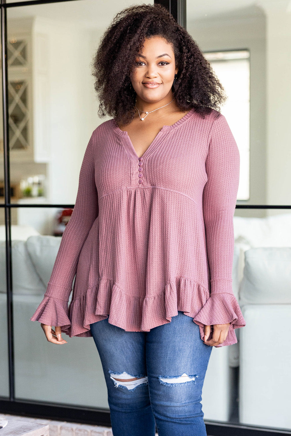 Chic pink plus size ruffled babydoll top in waffle knit