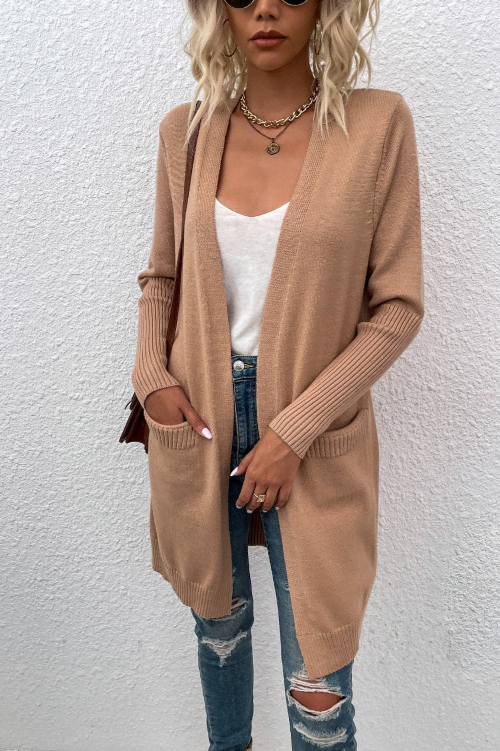 Open Front Long Sleeve Cardigan with Pockets.