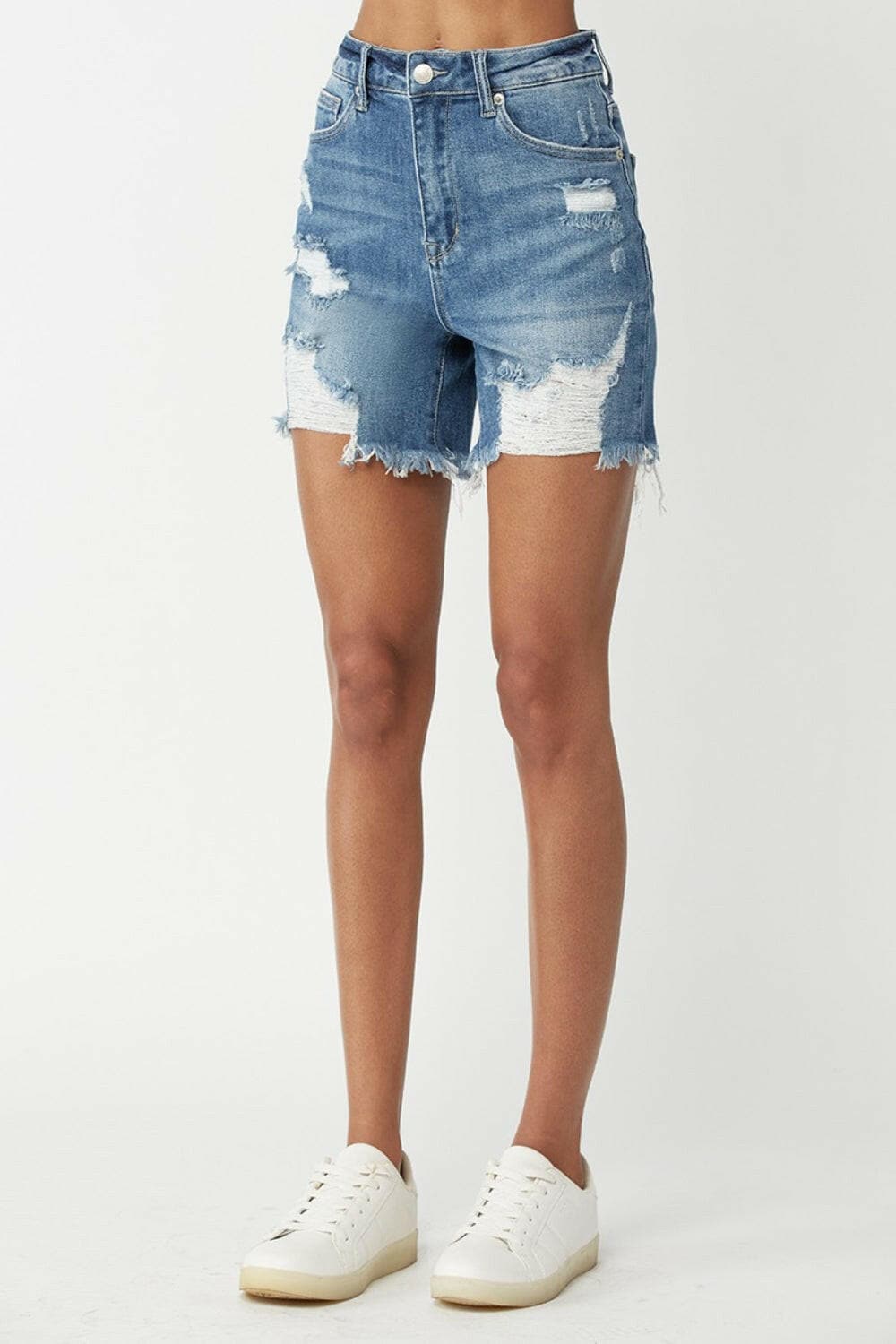 RISEN High Waisted Distressed Denim Shorts.